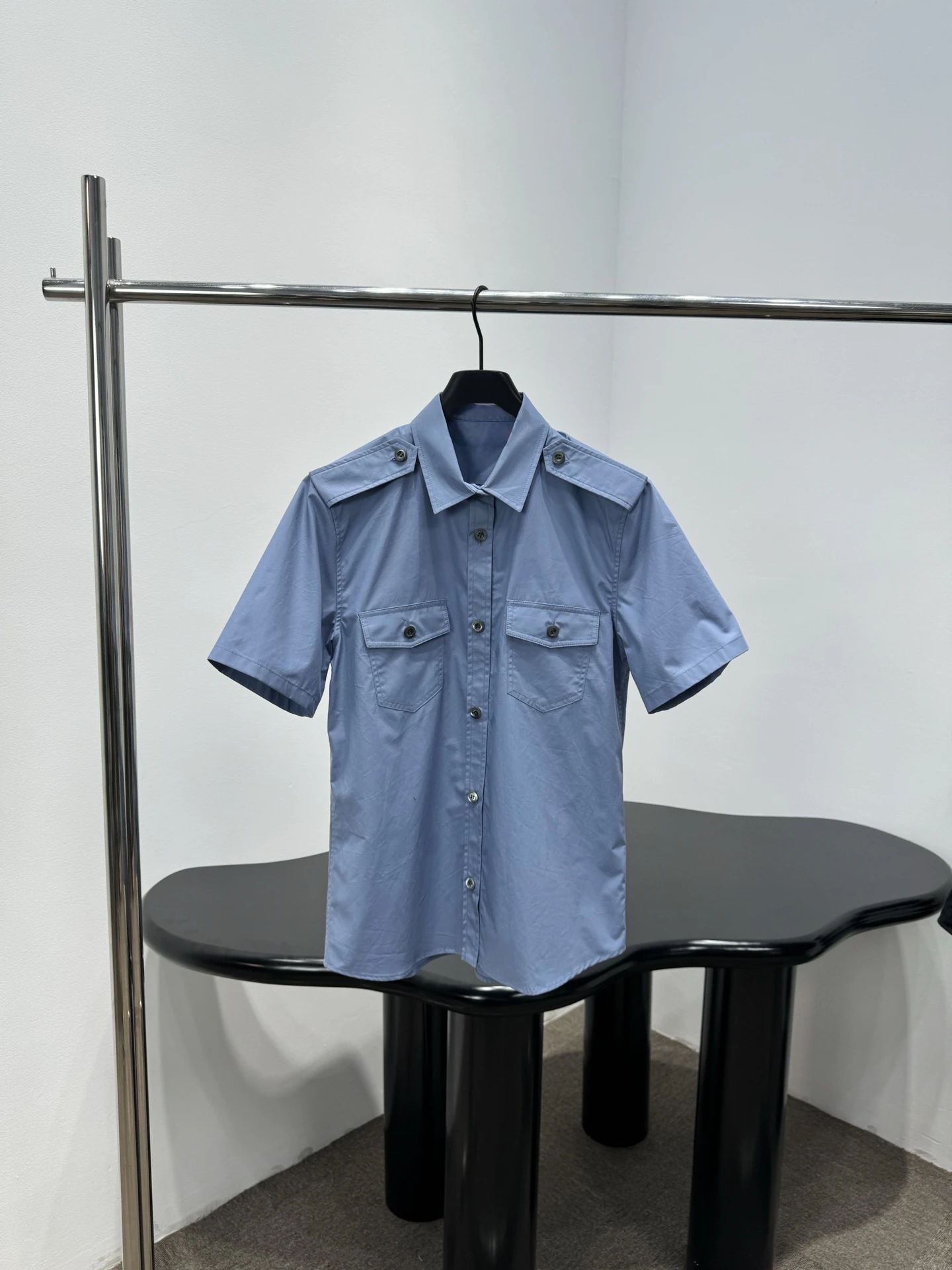 

Slimming Blue Cotton Shirt Fashionable Turn-down Collar Short Sleeve Women's Top Vintage Style Commute Wind Loose Fit Pure Color