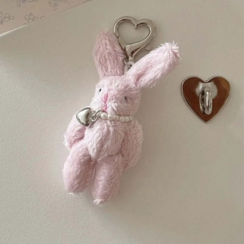 Porte-clés lapin rose en peluche, Mini poupée en peluche, pendentif en forme de cœur d'amour, accessoires pour sac à dos