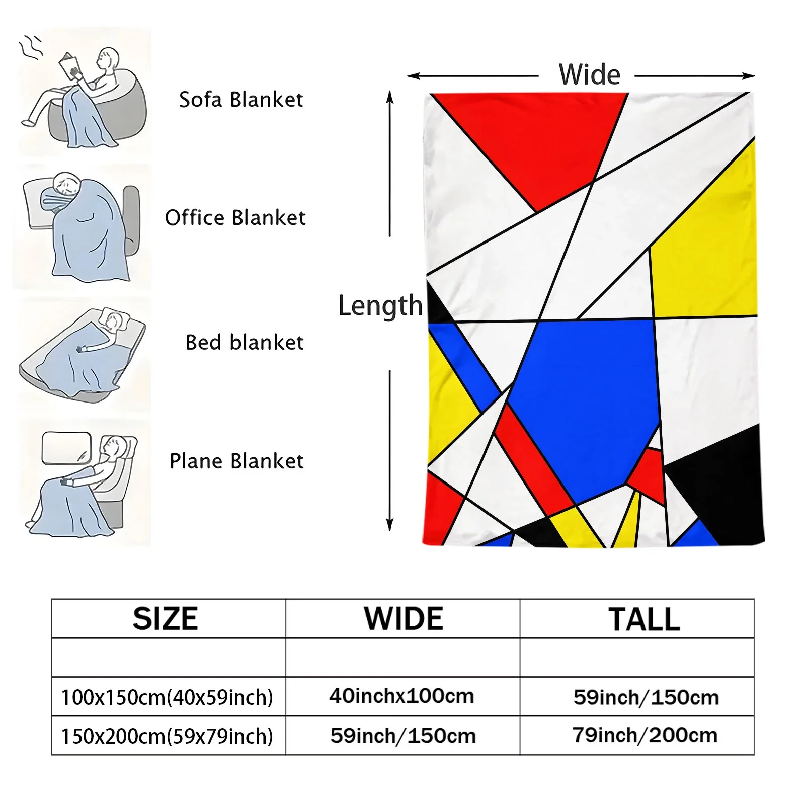 Mondrian Style Geometric Color Block Flannel Throw Blanket Red Yellow Blue Abstract Art Soft Microfiber Warm Sofa Bed Blanket