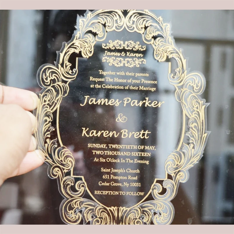 Niestandardowe zabytkowe przezroczyste akrylowe zaproszenie ślubne przezroczyste akrylowe Carte D'invitation De Mariage na zaręczyny wystawowe
