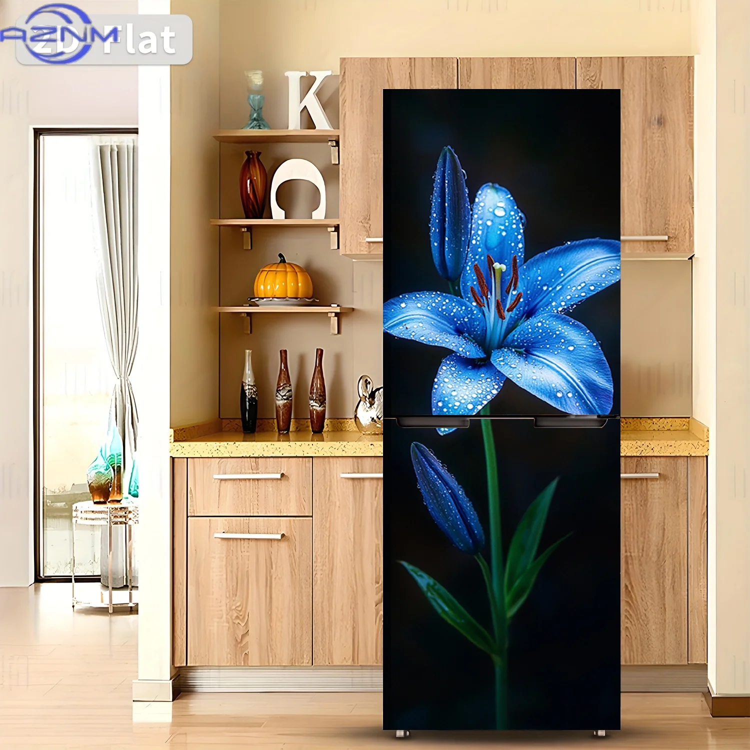 2D Flat Printing 1pc Refrigerator Sticker  Blue Lily with Water Droplets Themed Design Wall Sticker Decorative Wallpaper Self-