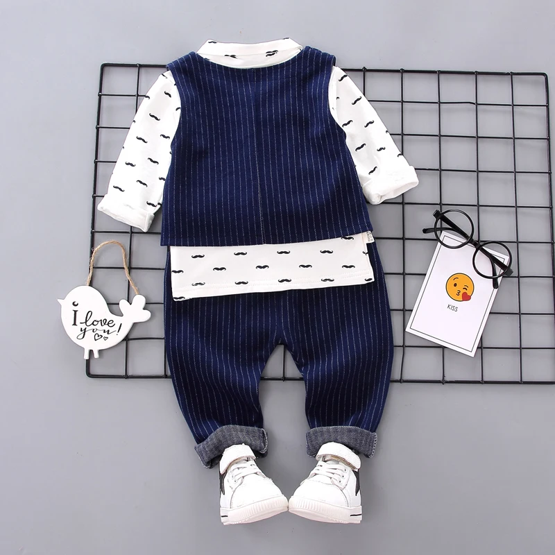 Boys Mustache Print Polo Vest 3 Piece Set Bow Tie Striped Pants Toddler Gentleman Suit Cotton Long Sleeve Fall 80-110