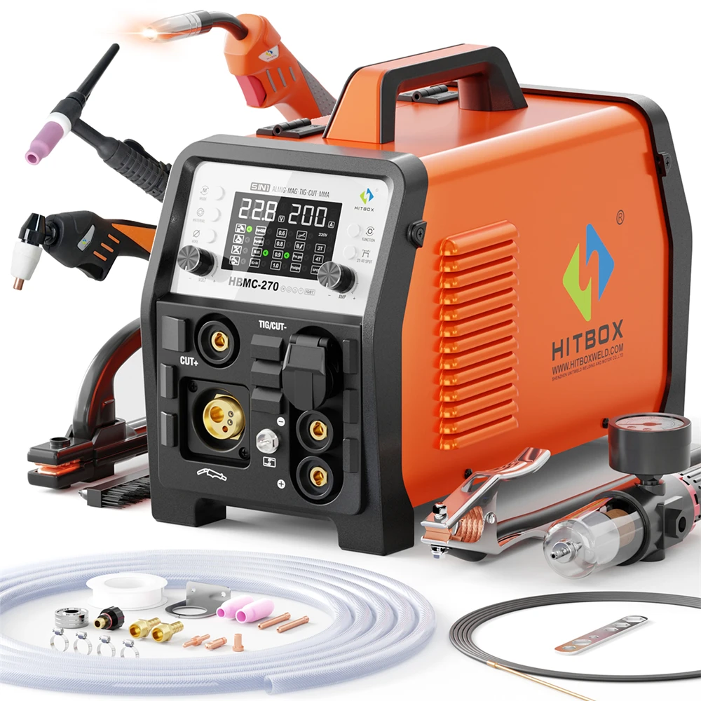 HITBOX 270A 6 in 1 Aluminum Welding Machine Gasless/Gas MIG/HF TIG/Plasma Cutter 40A/Stick/Spot  2T/4T Multi Process Welder Tool