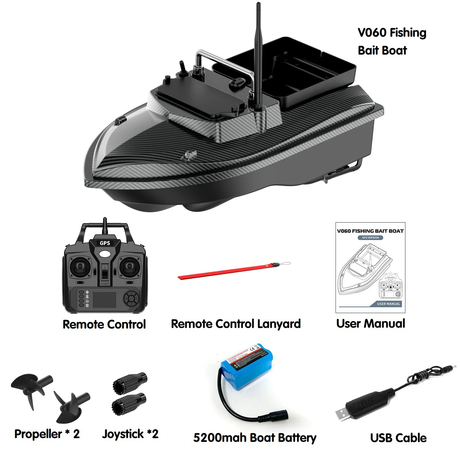 V060 GPS Remote Control Fishing Bait Boat with Auto Return and Bait Hopper for Carp Fishing