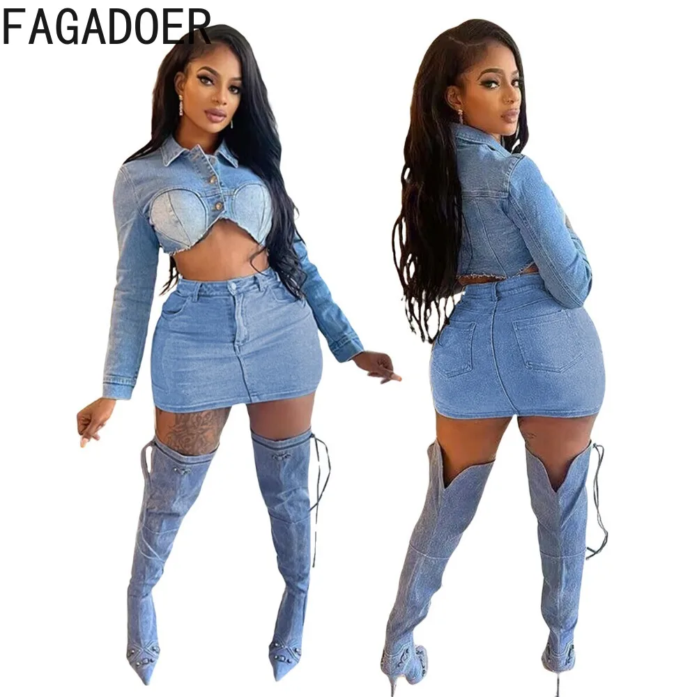 FAGADOER Blue Fashion Denim Skirts Two Piece Sets Women Long Sleeve Crop Top And Mini Skirts Outfits Female Cowboy 2pcs Clothing