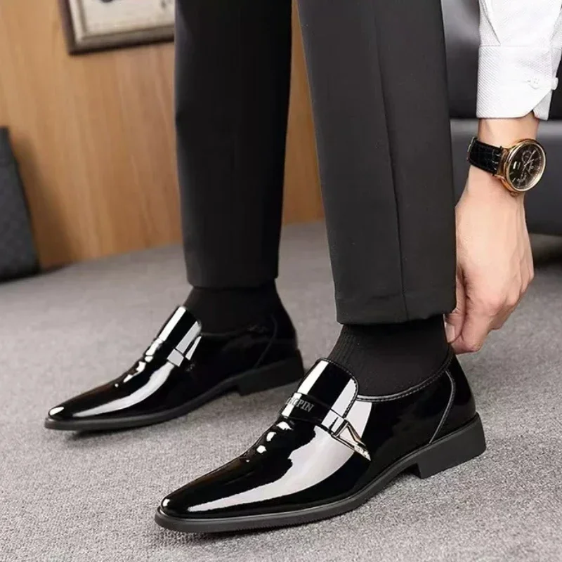 Men's Leather Shoes Business Shoes Bright Leather Oxford Shoes Lacquer Pointed Toe Male Loafers Slip on Designer Men Dress Shoe image 2