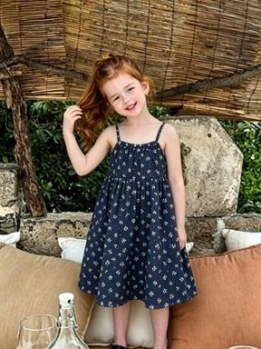 Girls' Summer New Cute Blue Floral Hanging Neck Strap Cool Tank Top Dress