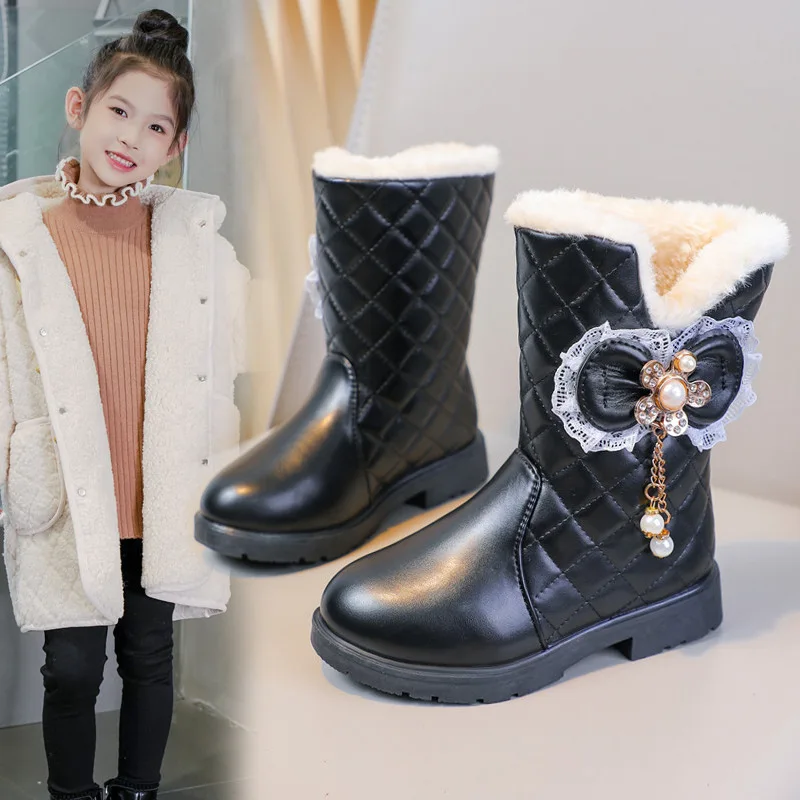 Winter Girl Boots Fashion Versatile Long Tube Boot Comfort Casual Cotton Boots Warm Princess Girl Shoe Velvet Simple Snow Boot
