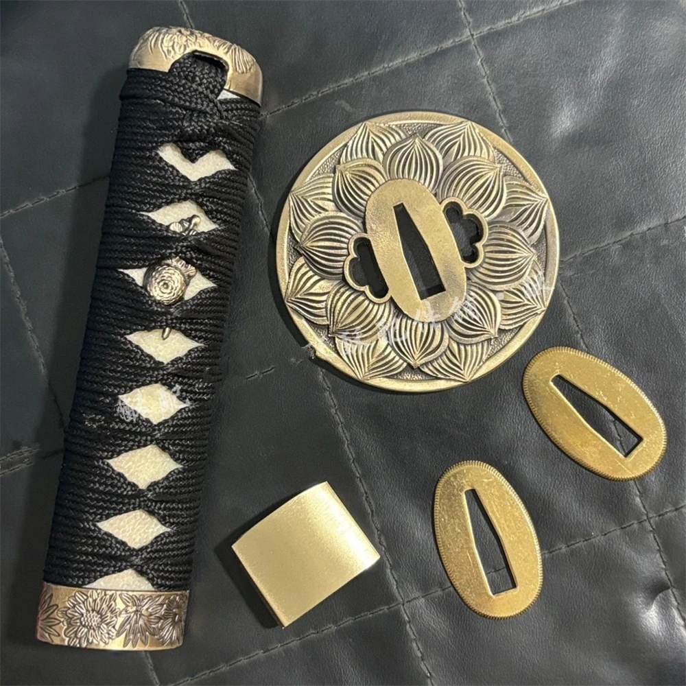 

15 см ручка Tsuka из натуральной кожи для японского набора фурнитуры для меча Wakizashi Tanto Katana, латунь Tsuba + Menuki + Fuchi + Kawira + Hiaki + Se