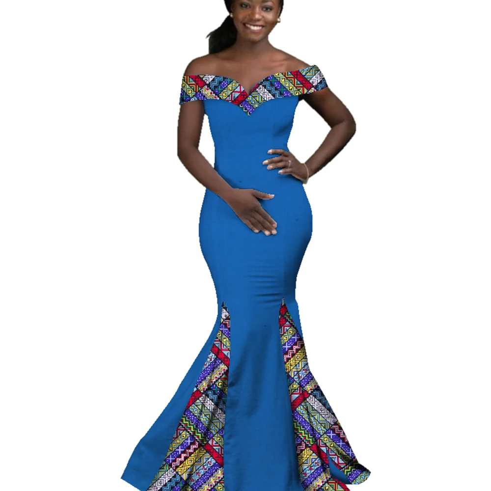 African Dresses for Women Party Evening Dress African Wax Print Long Maxi Dress Fashion Slash Neck Ankara Dresses 6XL WY2860