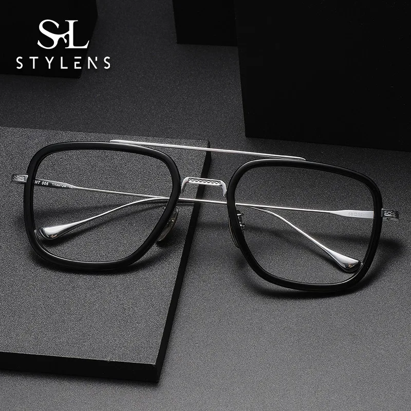 

STYLENS Retro Board Pure Titanium Box Glasses Men Women's Large Frame Reading Glasses Anti Blue Light Prescription Glasses 006