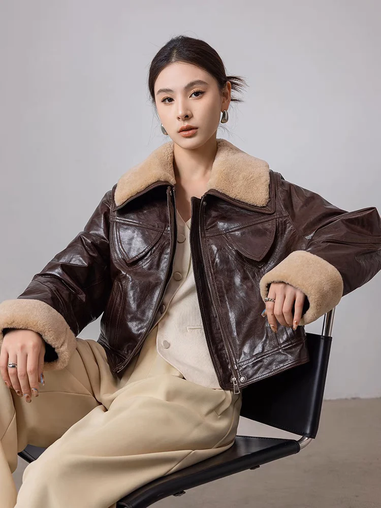 Wool Collar Chic Leather Bomber Jacket For Women 2024 Leather Short Black Coat Female Practical Jaqueta Goose Down Warm