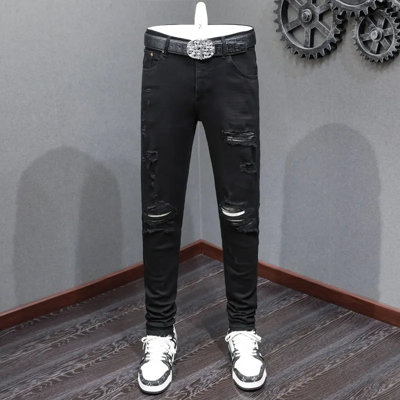 High Street Fashion Men Jeans Black Stretch Skinny Fit Ripped Jeans Men Brand Designer Hip Hop Punk Denim Pencil Pants Hombre