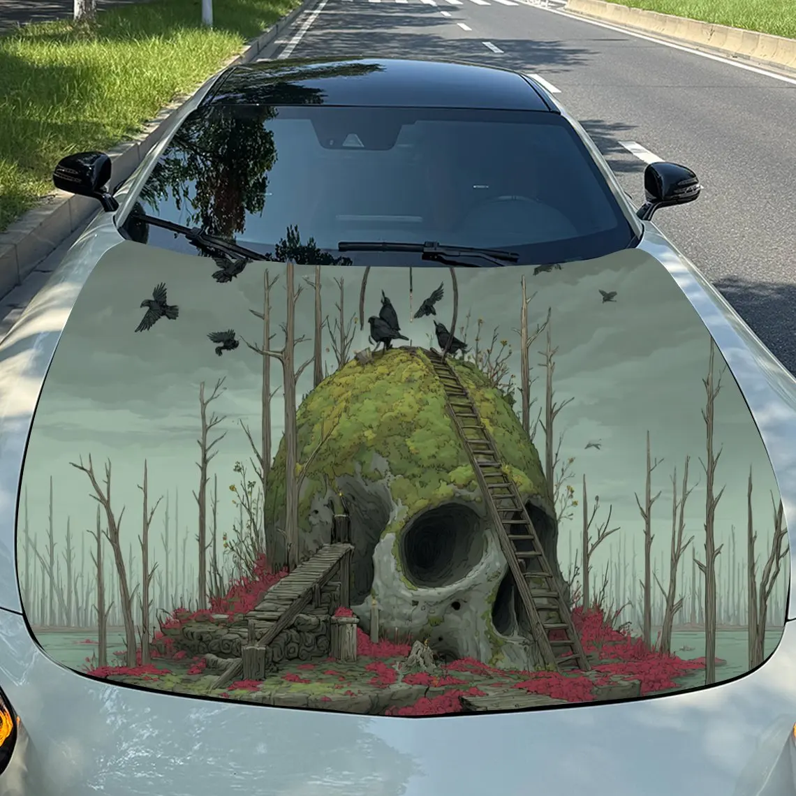 

Mysterious Skull Island with Crows Car Engine Hood Vinyl Wraps Sticker, Trendy Auto Cover Decal, Waterproof Self-adhesive Vehicl