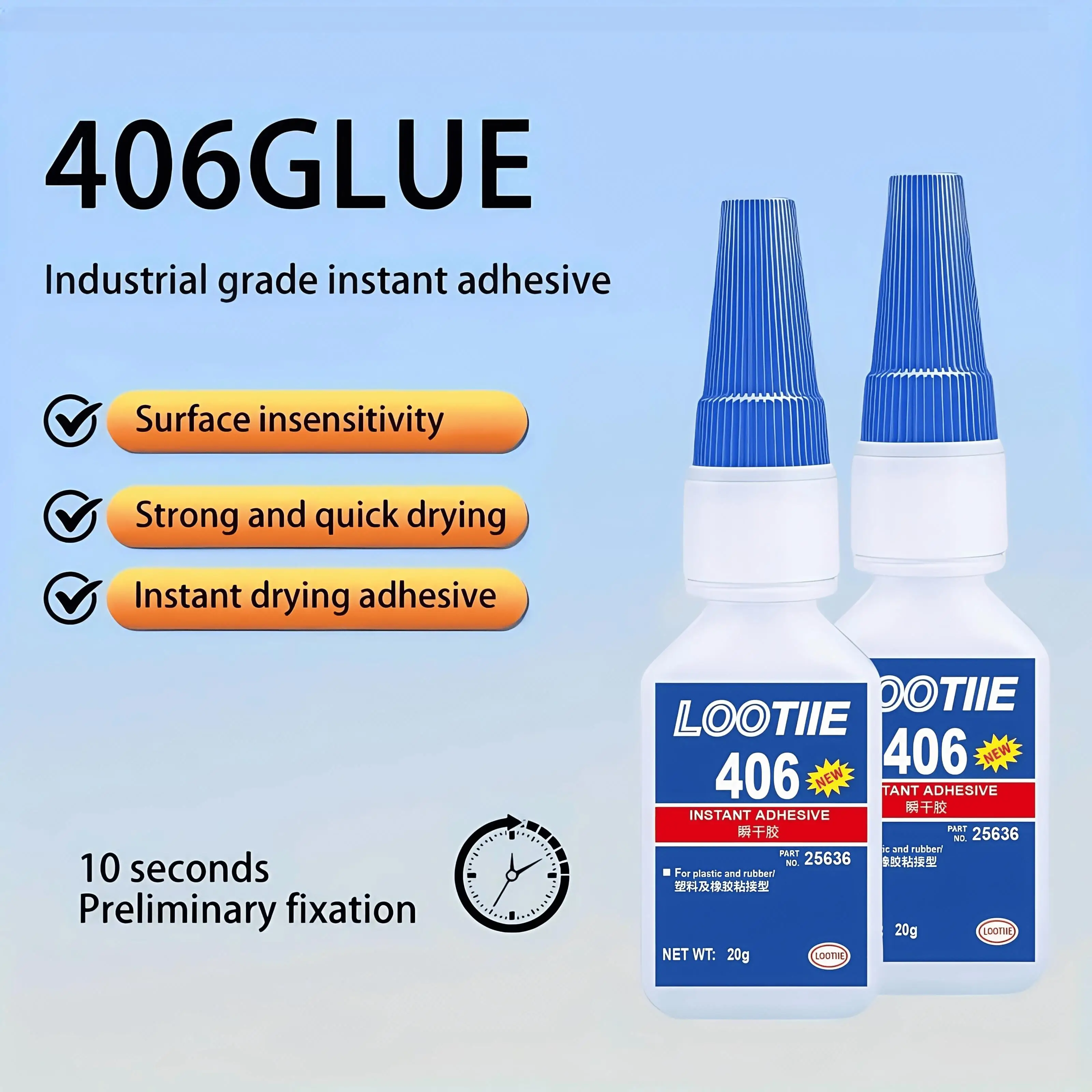 

406 Многоцелевой суперклей для пластика, дерева, обуви, зеркала, окна, ремонт из АБС-пластика, мгновенное прочное склеивание, быстросохнущее, 10 с, исправление, 20 г