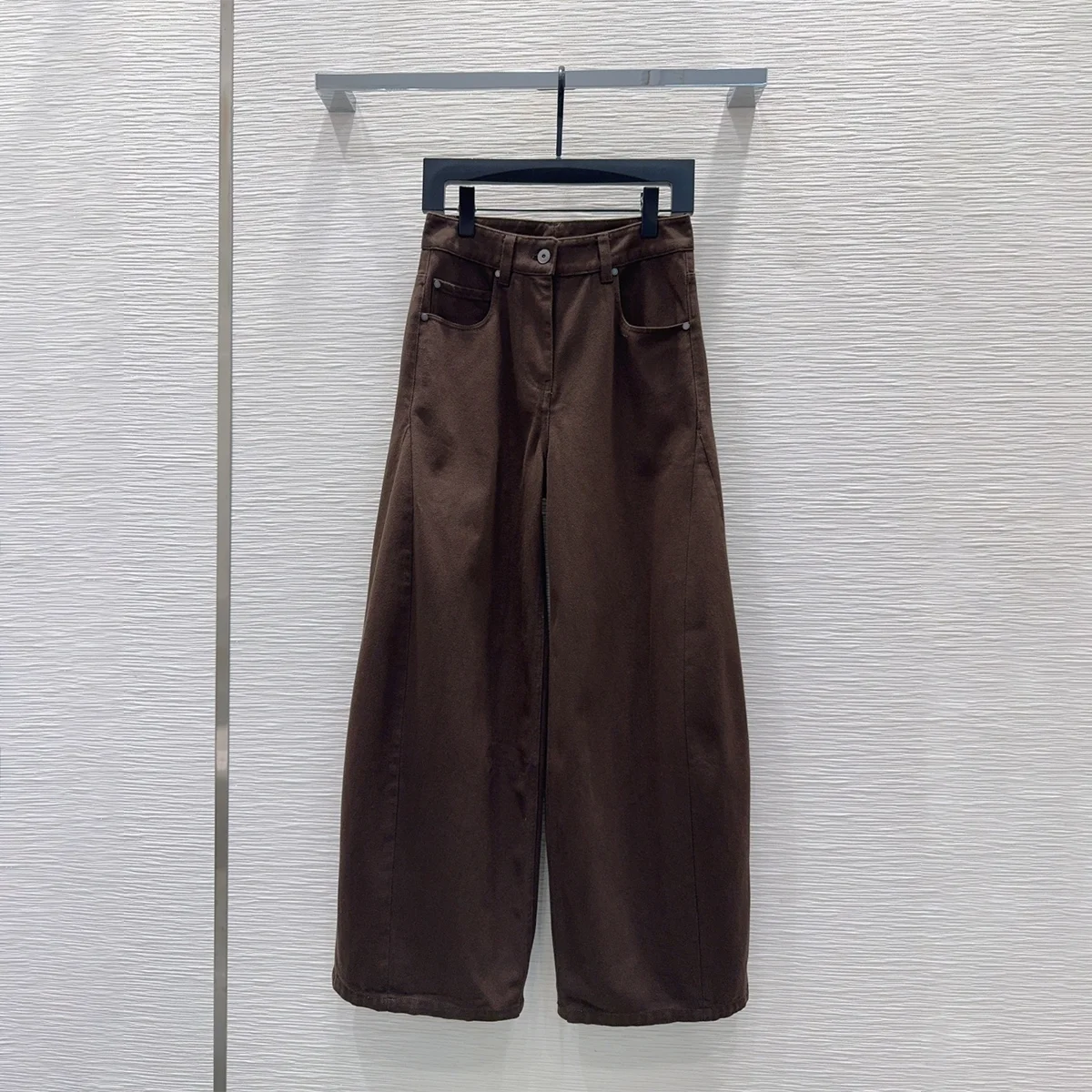 2026 high-quality women's retro dark brown high waisted curved knife wide leg pants--2692113
