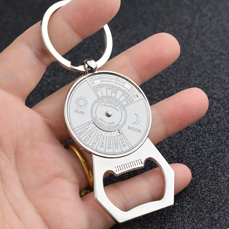 

Personality Key Rings with Bottle Opener 50 Years Perpetual Calendar Keyring Keychain Silver Alloy Key Ring Keyfob Decoration