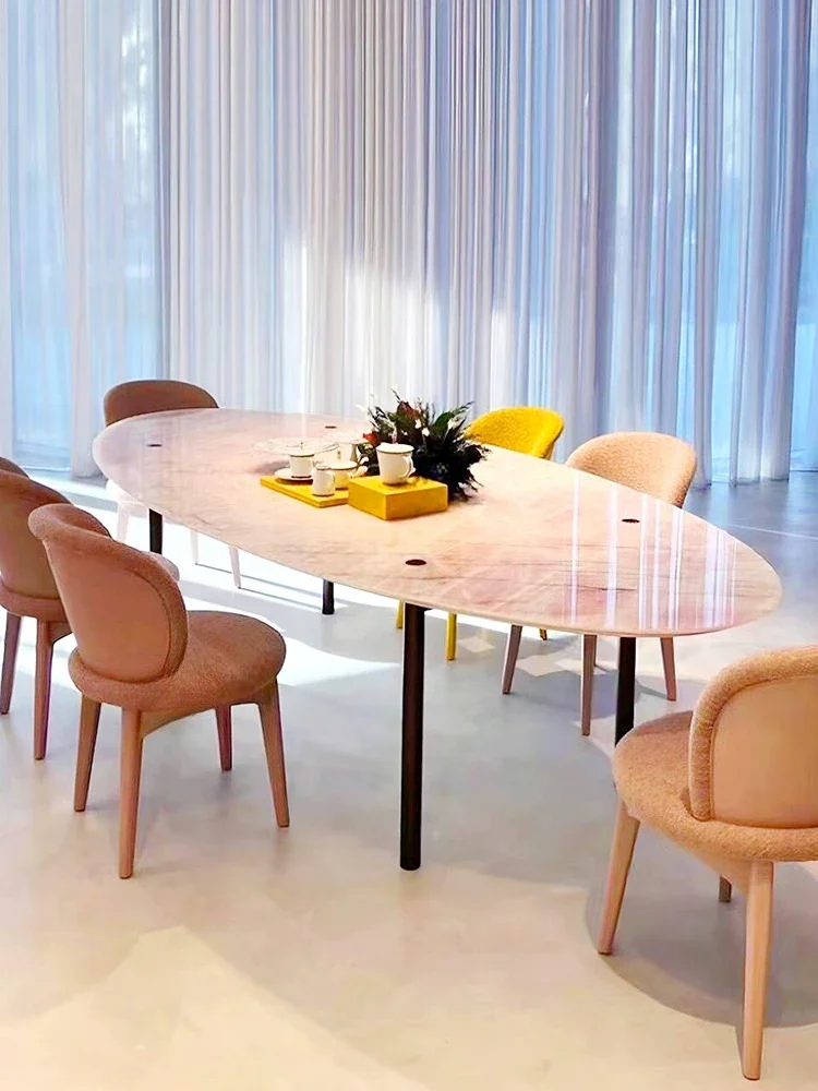 Light luxury pink jade marble dining table Italian luxury villa restaurant household oval dining table