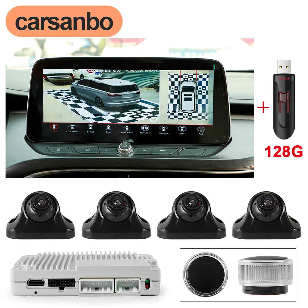

Carsanbo 720P 360°Panoramic Camera DVR Recorder HD Front Rear Left Right 3D 360 Bird View System with Calibration Cloth 128G USB