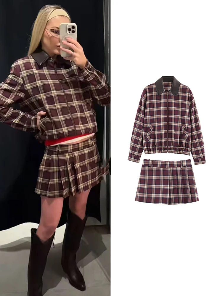 Tfmln primavera retro xadrez saias conjunto para mulheres solto manga cheia de couro pescoço jaqueta cintura alta plissado shorts saias commute terno