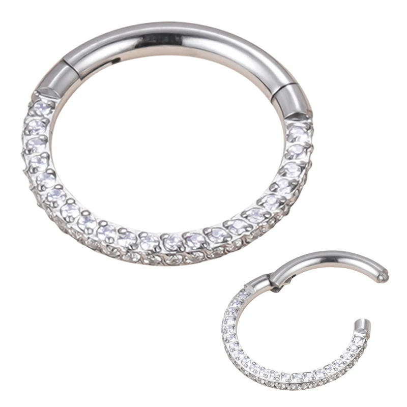 G23 Titanium CZ Pave on 2 Face and Side Hinged Segment Hoop Small Nose Ring Earring Clicker Tragus Helix Labret Lip Piercing