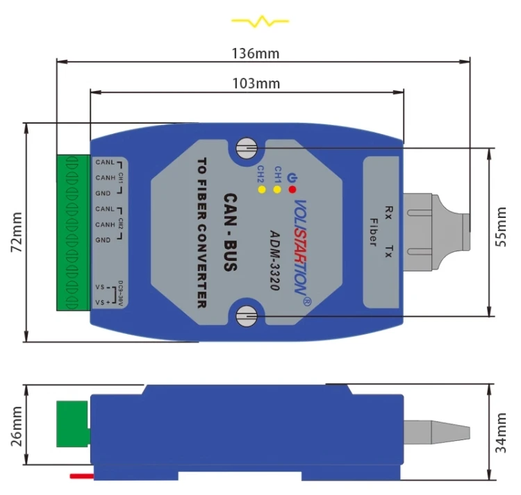 ADM-3320-SC de bomberos, Terminal óptico CAN, convertidor de fibra óptica, 24V, ADM-3320-SC de Riel DIN