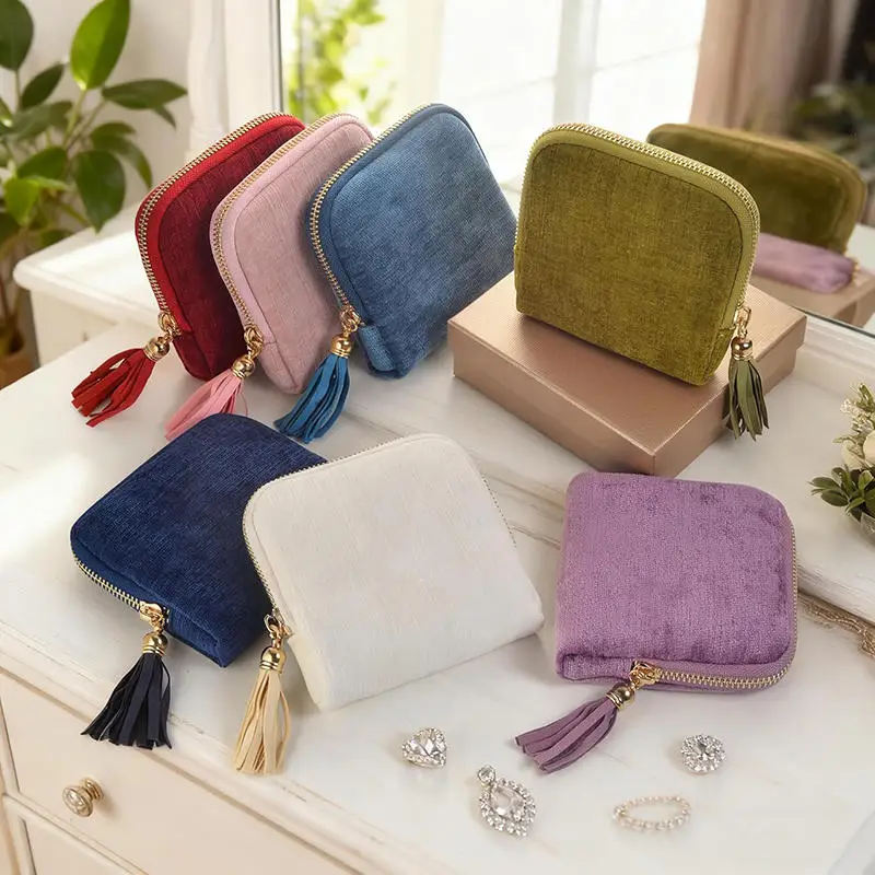 Exquisite Jewelry Storage Bag With Tassel Pendant Ring Zipper Jewelry Bag Large Capacity Travel Crystal Bracelet Storage  Pouch