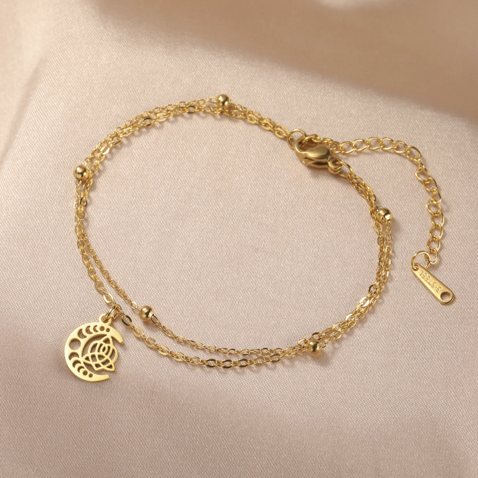 

Kkjoy Vintage Moon Phase Lotus Celtic Bracelet For Women Gold Color Indian Buddhist Stainless Steel double-layer chain Jewelry