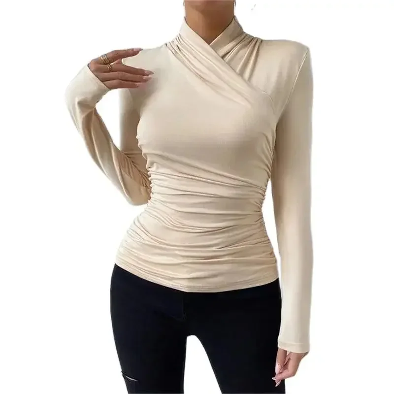 2024 Fashion Crossover Neck Pullover T-Shirt Women Solid Color Slim Pleated Tops Female Commuter Casual Autumn Long Sleeve Tees