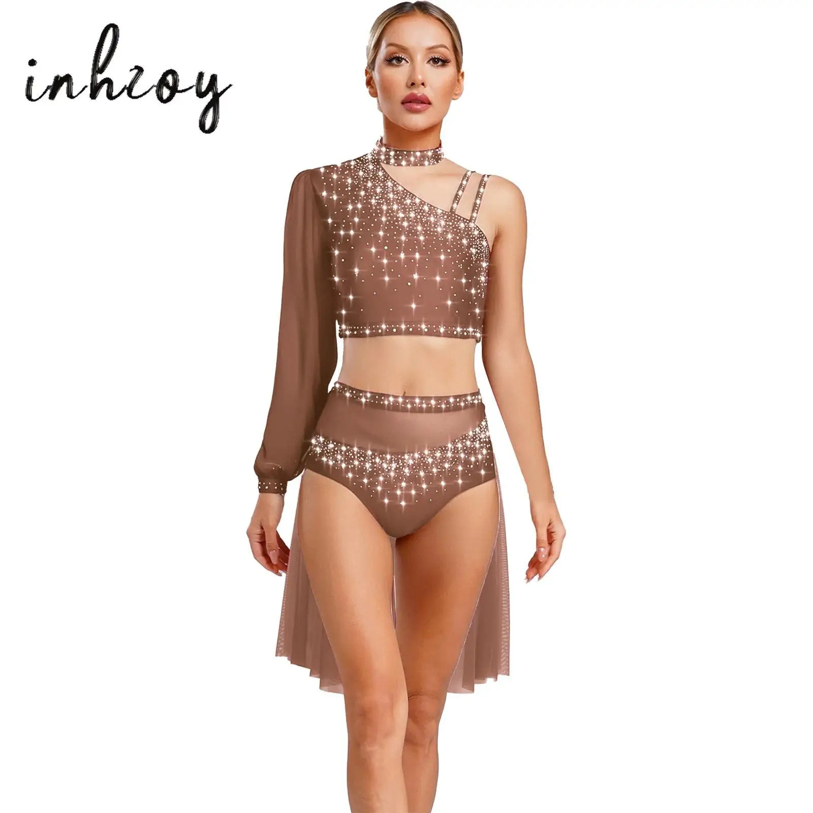 

Women Contemporary Lyrical Dance Costume 2-Pieces Asymmetrical Sheer Mesh Long Sleeve Crop Top with Skirt Figure Skating Costume