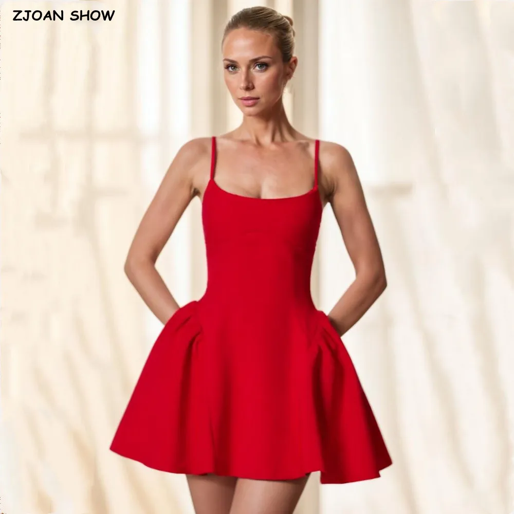新しい夏のソリッドレッドスリングドレス女性セクシーなローウエストスイングシャーリングボールガウンドレスパーティーフェムベスティドローブ