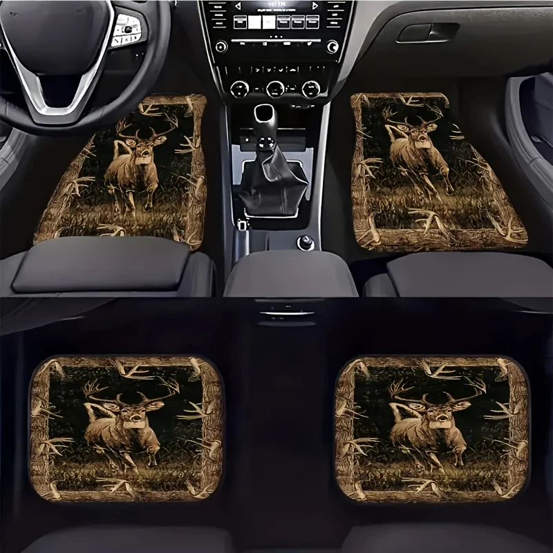 

4pcs Forest Deer Pattern Universal Car Floor Mats - Made Of Polyester, Lined, Easy To Clean, Suitable For Front And Rear Seats O