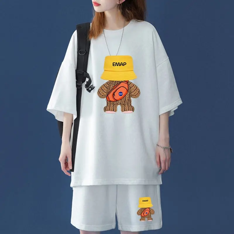 Kawaii Summer Women Oversized Two Piece Short Sets Korean Female Short Sleeve Tops Fashion Casual Cartoon Sports Casual Suits