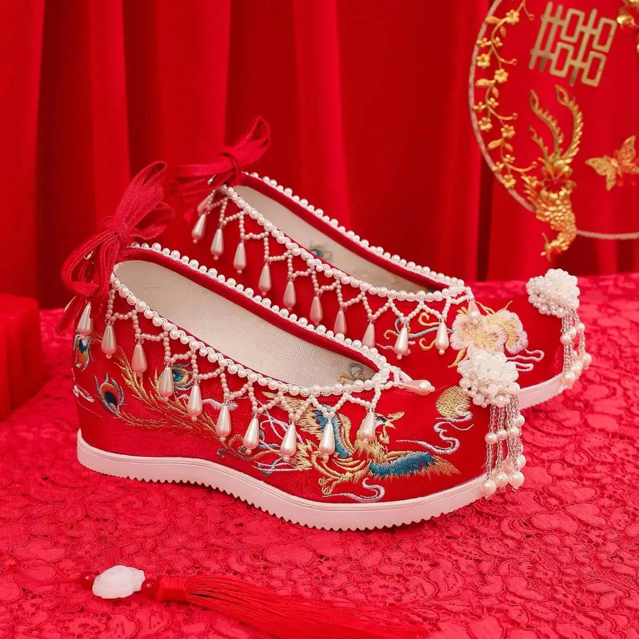 

Туфли Xiuhe с жемчужными кисточками, в старинном стиле, с увеличенной высотой стопы, для китайских свадебных церемоний