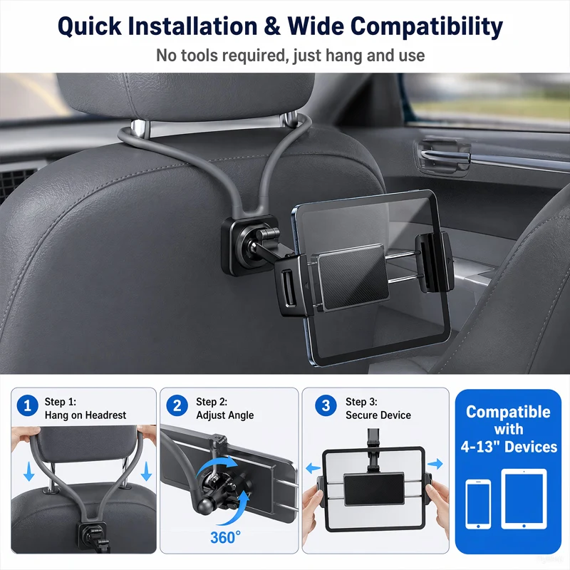 Soporte para tablet en el reposacabezas del asiento trasero del coche, compatible con iPad, universal, flexible y con ro