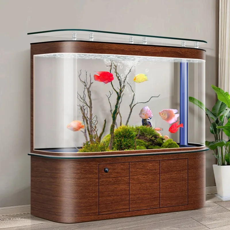 حوض للأسماك لغرفة المعيشة، جدار منزلي منحني، مرشح سفلي من الزجاج المنحني الساخن، خزان سمكة ذهبية بيئي، حوض سمك كبير #4