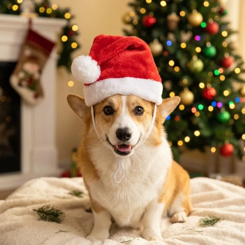1-4PCS Luxury Plush Pet Christmas Hat Adjustable Drawstring Warm Velvet Dog Cat Santa Cap for Holiday Party Photo Prop