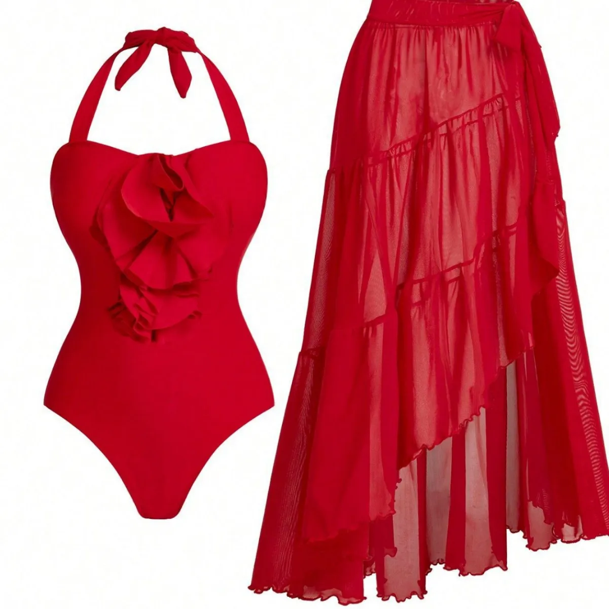 Traje de baño de una pieza de flor roja con cubierta, traje de baño de tendencia 2026, bikini Sexy, traje de baño de lujo para mujer, traje de baño para salida en la playa