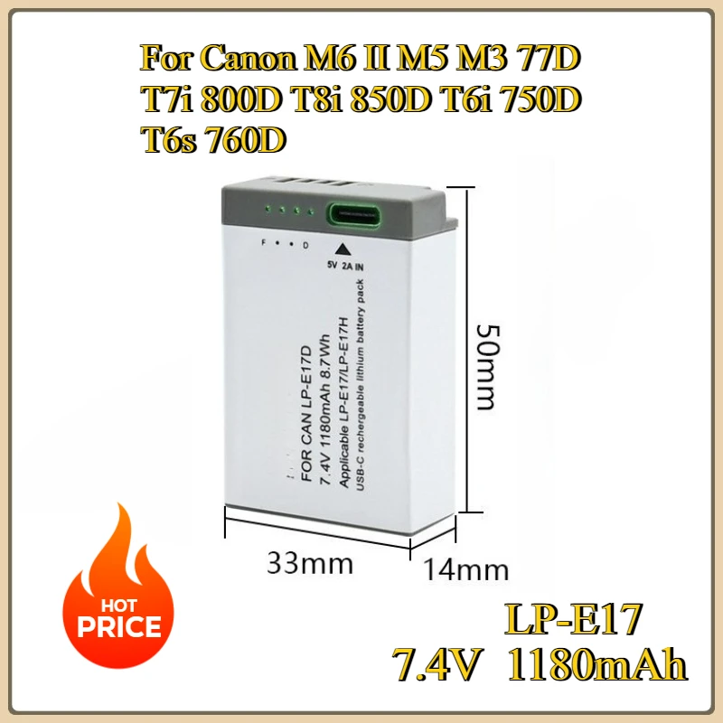 

New LP-E17 Replacement Battery with Type-C Fast Charging for Canon M6 II M5 M3 77D T7i 800D T8i 850D T6i 750D T6s 760D