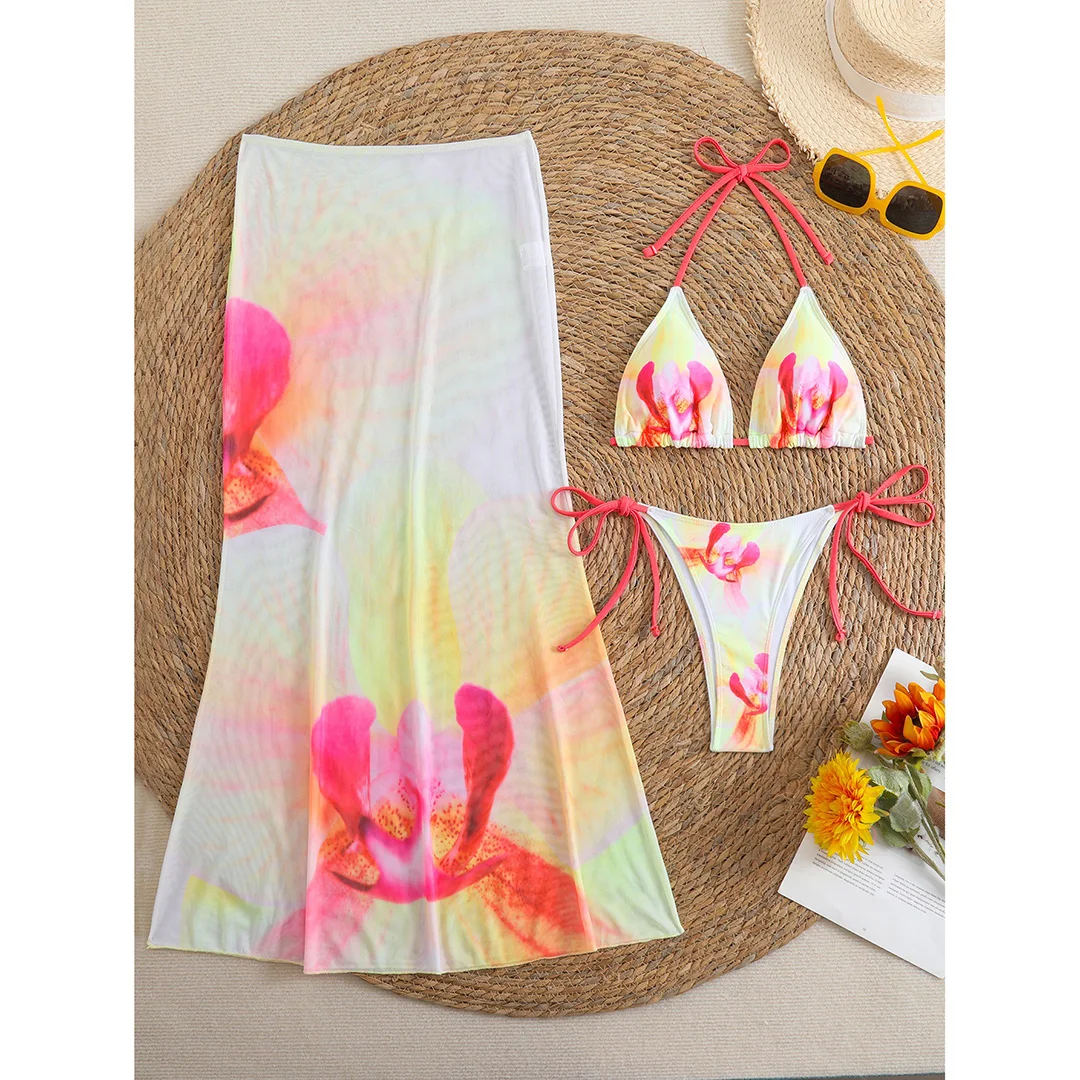 Blumenmuster mit Rock, Neckholder-Bikini, Damen-Badebekleidung, dreiteiliges Bikini-Set, Damen-Badeanzug, Badebekleidung, Badeanzug, Schwimmkleidung V6637 – Detail 39