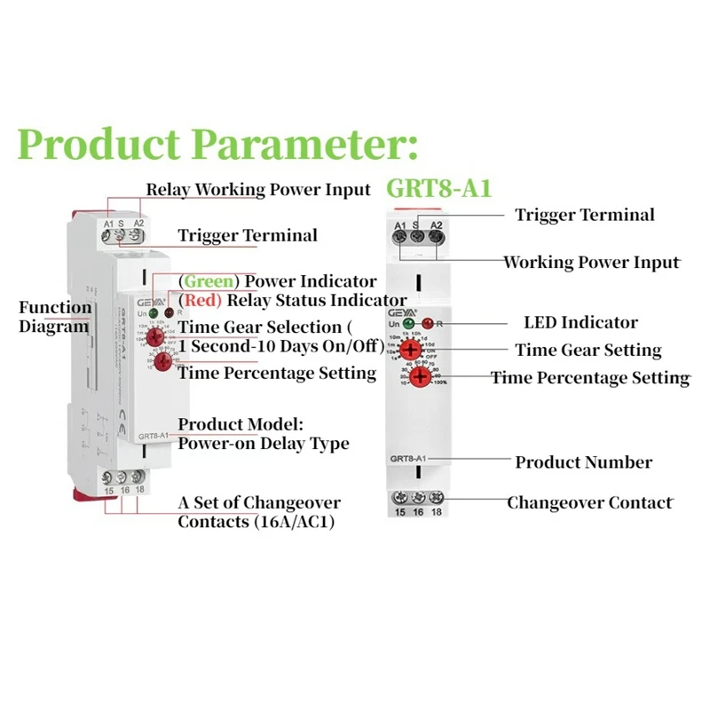 GEYA zpoždění časovač spínač AC/DC 12V-240V mini energie na zpoždění doba elektromagnetické relé DIN bariéra typ GRT8-A1