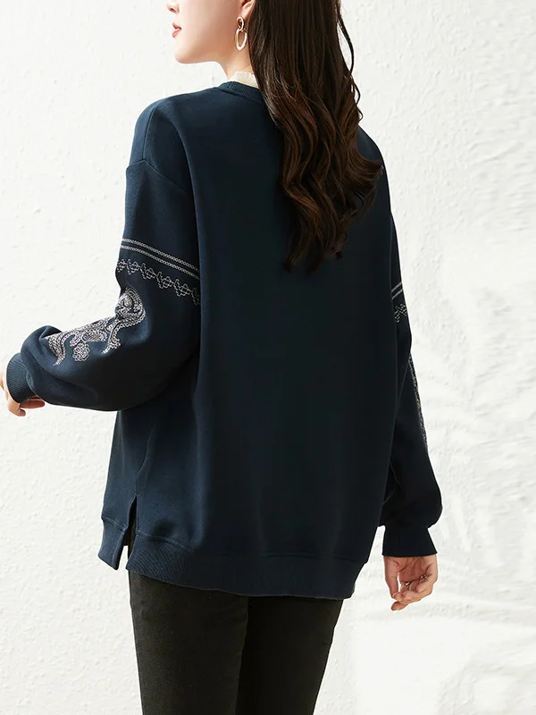 Dames losse pasvorm geborduurd fce gevoerd verdikt groot formaat sweatshirt casual sle hoge taille pure kleur herfst winter n...