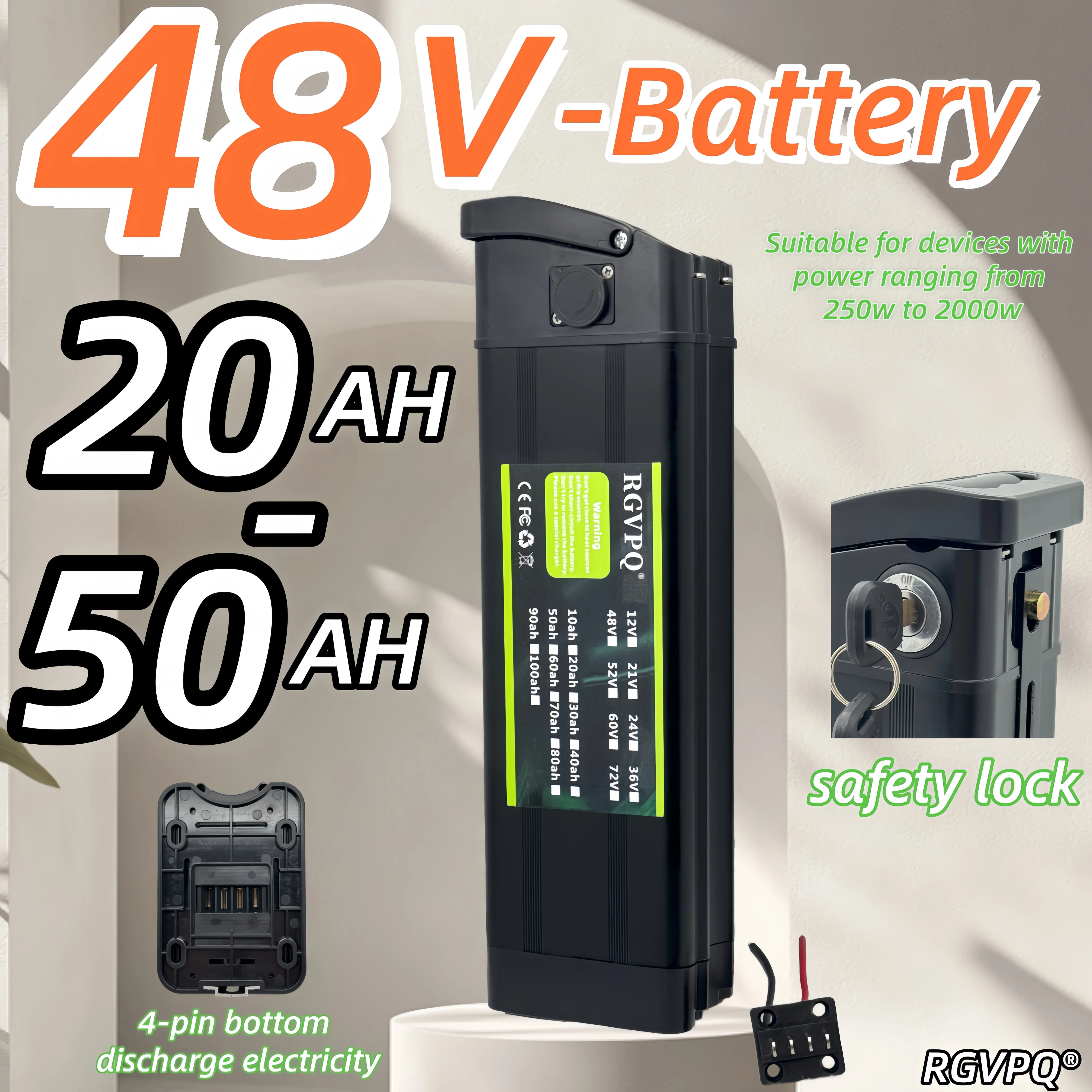 

48V20AH-50AH Silver Fish Lithium Battery for Electric Scooter, Bottom Discharge 4-pin, Folding Bicycle+2AH Charger