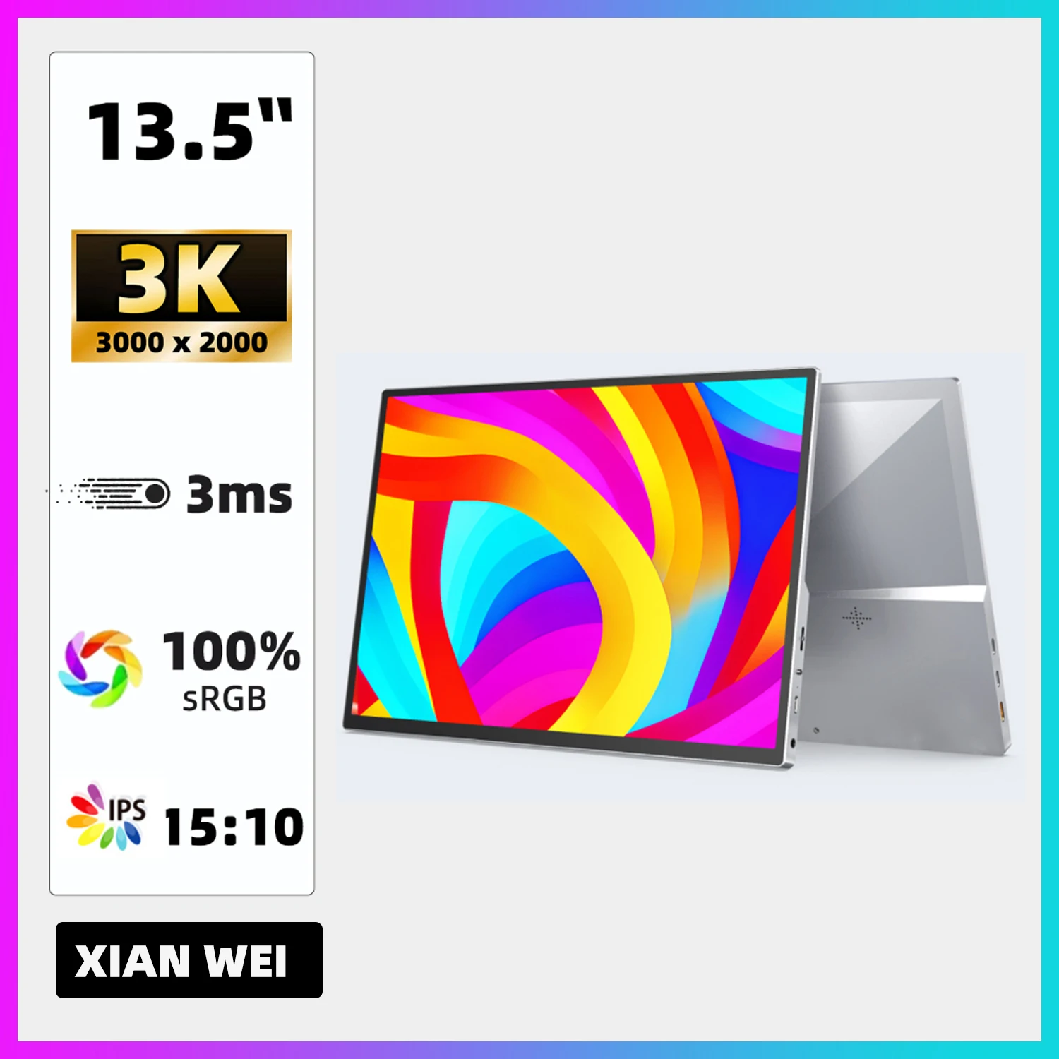 XIANWEI 13.5 Inch 3K Portable Monitor 15:10 IPS Office Game External Display Screen USB C For Laptop Phone PC XBox PS4/5 Switch