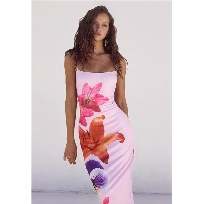 ใหม่-สตรีชุดMaxiดอกไม้ฤดูร้อน 2025 สปาเก็ตตี้สายคล้องคอBodyconตาข่ายBeach Dresses