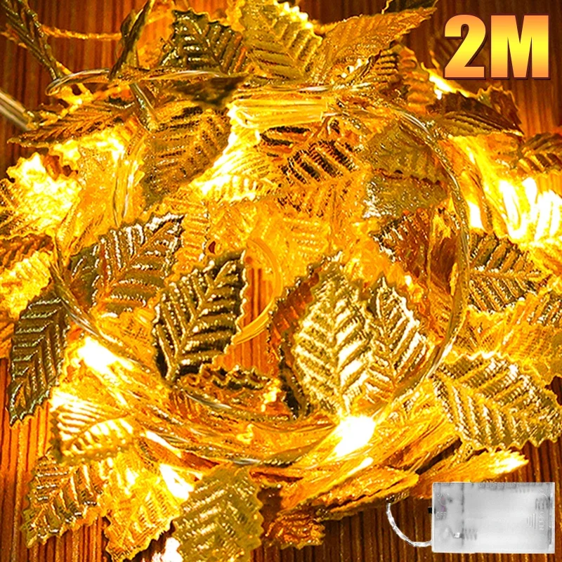 

2M Golden Leaf Lighting Strings 20LED Warm Yellow Fairy Lights Christmas Garland Artificial Rattan Hanging Lamp Party Decoration