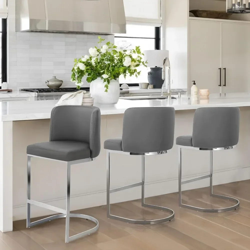 

26" Counter Height Bar Stools Set of 2 with Back & C-Shaped Metal Frame, Upholstered Faux Leather Bar Chairs Island Stools