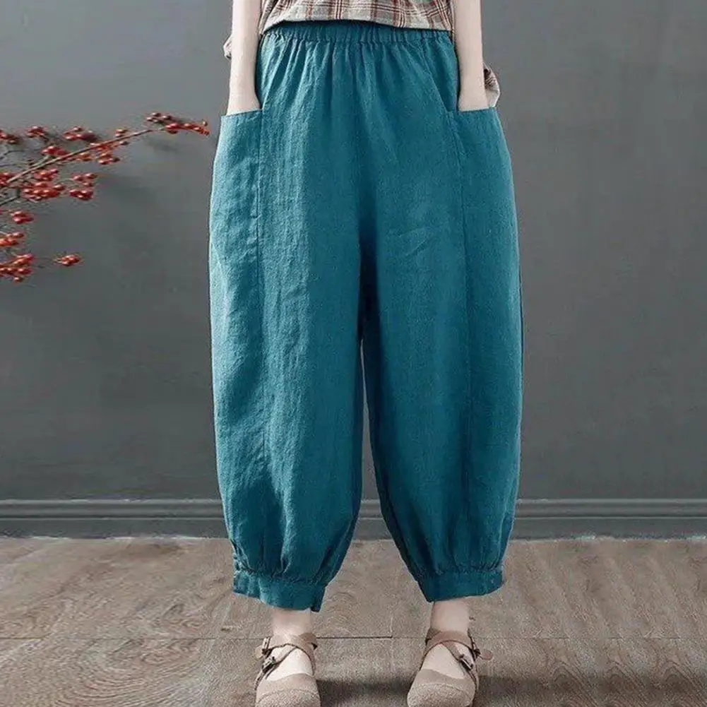 

Cotton Linen Women Pants Elastic Waist Women Cropped Pants Summer Casual Loose Harem Pants Lantern Ninth Trousers Streetwear