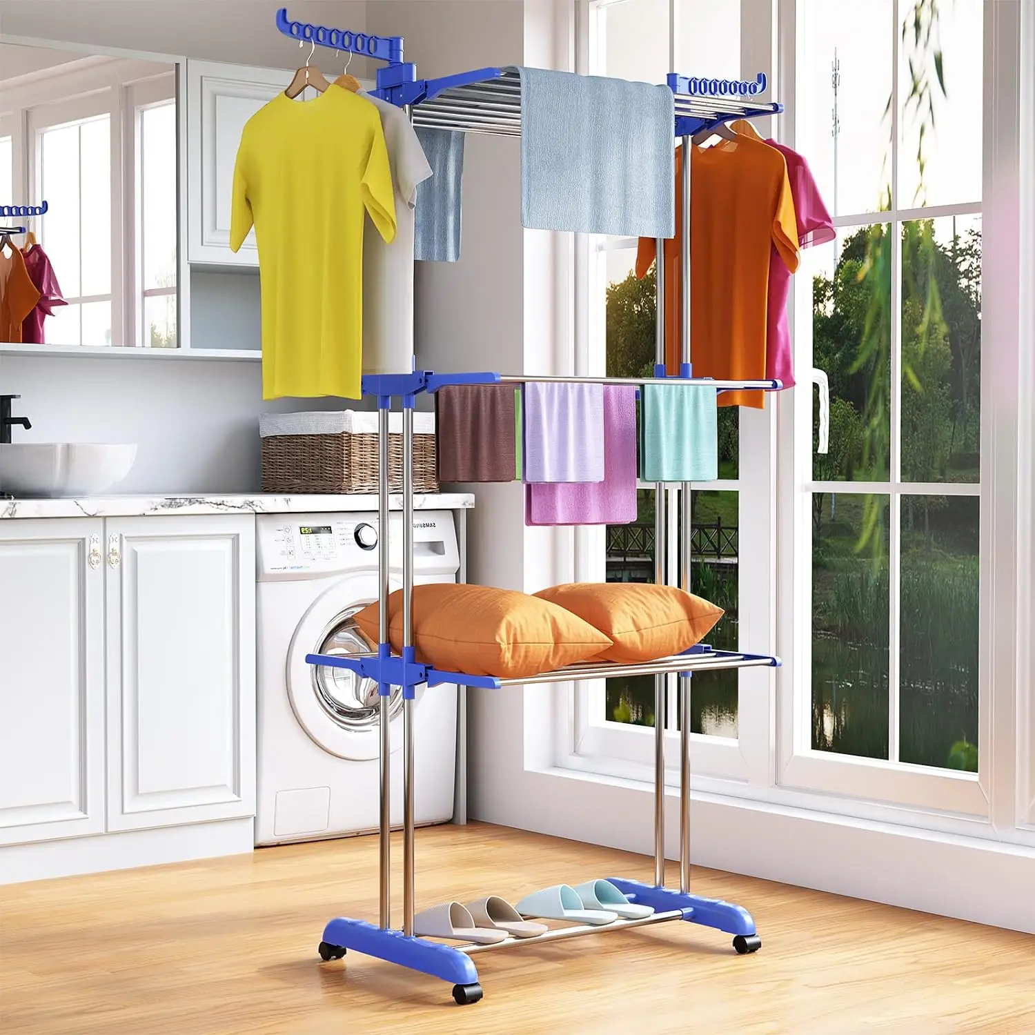 Stainless Steel Drying Rack 4-Tier Floor-Standing Home Folding Household Clothes Drying Cool Balcony Baby Clothes Quilt Rack