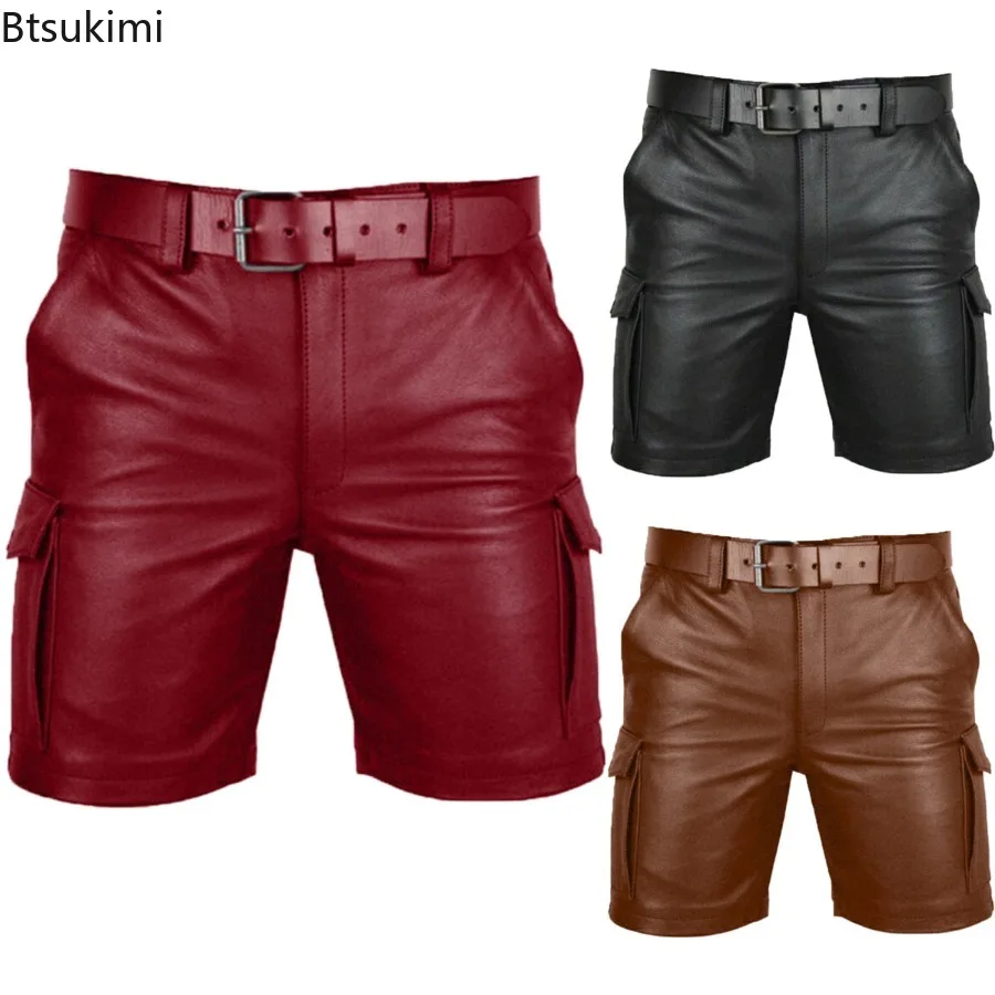 New Solid Color PU Leather Pants Fashion Casual Men's Short Leather Pants Summer Fashion Trend Club Punk Style Shorts for Men